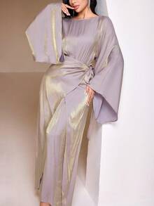 Veilorie Women's Elegant Loose Fit Round Neck Long Sleeve Dress Dress Modest Long Dress With Sleeves - Khaki - View 2