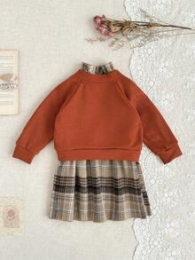 SHEIN 2pcs Baby Girls Ditsy Floral Sweater Jacket And Dress Set, Spring/Autumn - Khaki - View 11