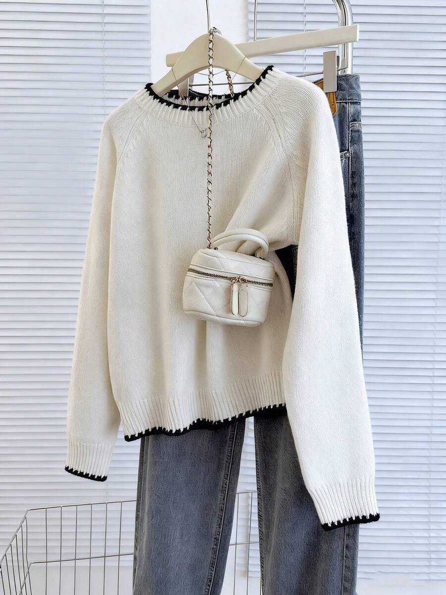 Franclia 休闲宽松圆领长袖针织撞色滚边插肩袖杏色女士套头毛衣，春秋季 - 黑色 - 查看 1