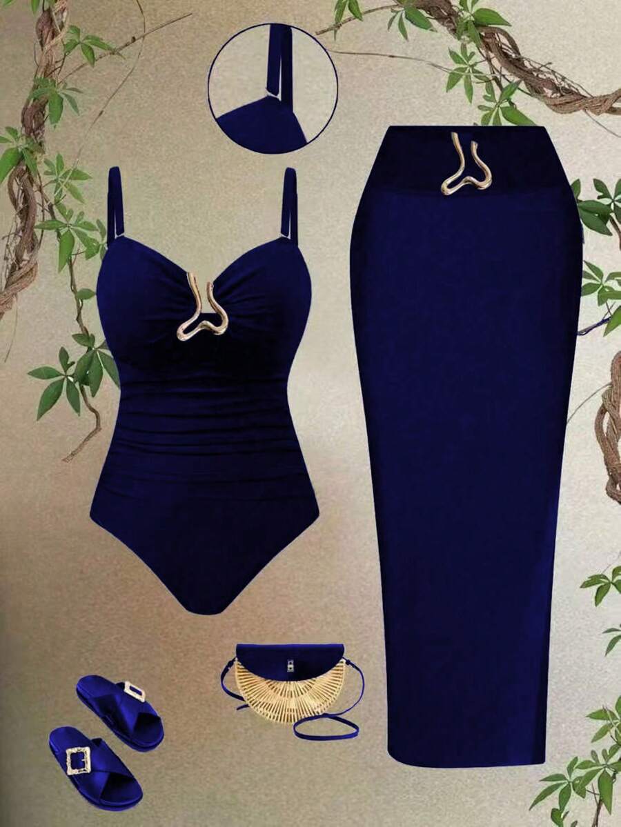 Swim Oasis 2026 New Women's Solid Color 2-Piece Strap Hollow Out Swimsuit With Mesh Maxi Skirt, Summer Casual One Piece Swimsuit Set Navy Blue Outfit Women Swimwear 3 Pieces Set Navy Blue Skirt Navy Blue Swimsuit Women's Navy Blue Outfit - Blue - View 1