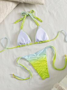 Swim Chiccia 女士渐变印花挂脖比基尼套装，侧系带泳裤，夏季泳装 - 彩色 - 查看 4