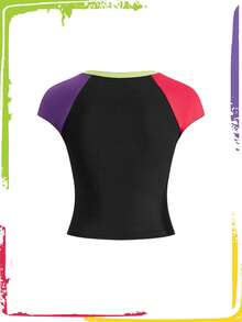 Teletubbies X ROMWE T-shirt ajusté pour femme, à motif dessin animé et couleurs contrastées, collection été - Noir - Voir 2