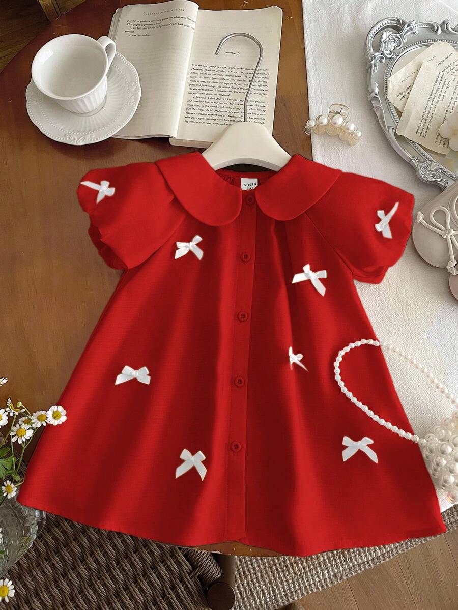 SHEIN Đầm tay ngắn cổ Peter Pan màu đỏ dễ thương cho bé gái, mùa hè - Đỏ - Xem 1