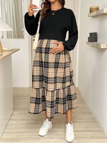 SHEIN Maternity Casual Plaid Patchwork Nursing Dress, Autumn Casual Outfits  Plaid  Maternity Dress Baby Shower Dress Pregnancy Photoshoot Dress - Multicolor - View 7