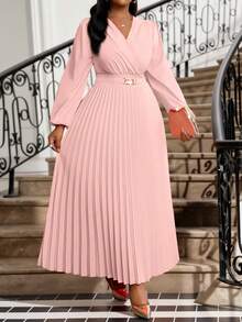 Fleurora 大码纯色褶皱连衣裙，时尚夏季教堂礼服，适合女性节日穿着 - 藕粉色 - 查看 3