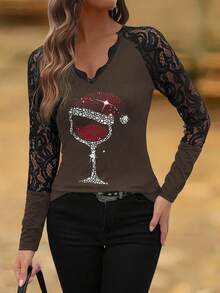 SHEIN LUNE Women's Autumn/Winter Fashion Solid Color Lace Patchwork Wine Glass Print T-Shirt Graphic Tees Women Tops - Coffee Brown - View 6