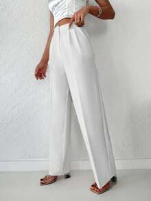 EURMUSE Solid Zipper Fly Straight Leg Pants - Beige - View 3