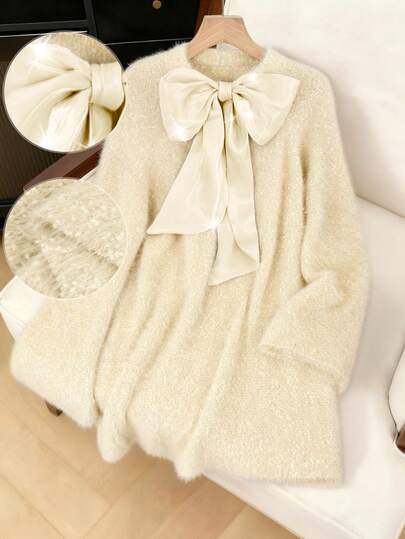 Franclia Women's Elegant Cute Sweet Lady Date Daily Thanksgiving Christmas New Year Simple Design Raglan Flared Sleeves Ribbon Tie Bow Solid Color Gray Pullover Floral Yarn Knitted Short Loose Plus Size Sweater Dress, Fall Winter Bow Clothes Cottagecore Clothes French Style Clothes