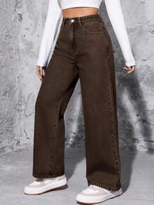 SHEIN PETITE 女式高腰口袋阔腿宽松休闲百搭牛仔裤