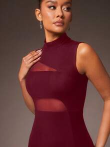 L'Amorae 优雅性感透视网纱拼接侧开衩无袖紧身连衣裙 - 酒紅色 - 查看 2