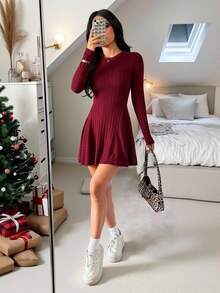 SHEIN PETITE Women's Elegant Burgundy Solid Round Neck Ribbed Long Sleeve Mini Dress,Autumn Casual Dining Outfit,New Year Party,Christmas & Valentine's Day Dresses ,Petite Women - Burgundy - View 12