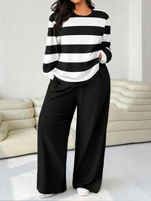 SHEIN EZwear Bộ đồ hai mảnh cổ tròn sọc đen trắng cỡ lớn dành cho nữ, áo phông dài tay và quần dài thường ngày, bộ đồ thu đông cho nữ, bộ đồ mặc nhà thoải mái, bộ đồ hai mảnh dài tay - Đen và trắng - Xem 1