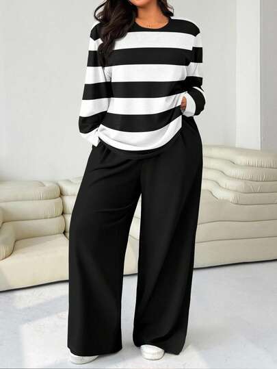 SHEIN EZwear Conjunto de dos piezas casual de mujer talla grande con camiseta de cuello redondo de rayas negras y blancas de manga larga y pantalones, conjunto de dos piezas de mujer para otoño e invierno, conjunto de dos piezas cómodo para el hogar, conjunto de dos piezas de manga larga