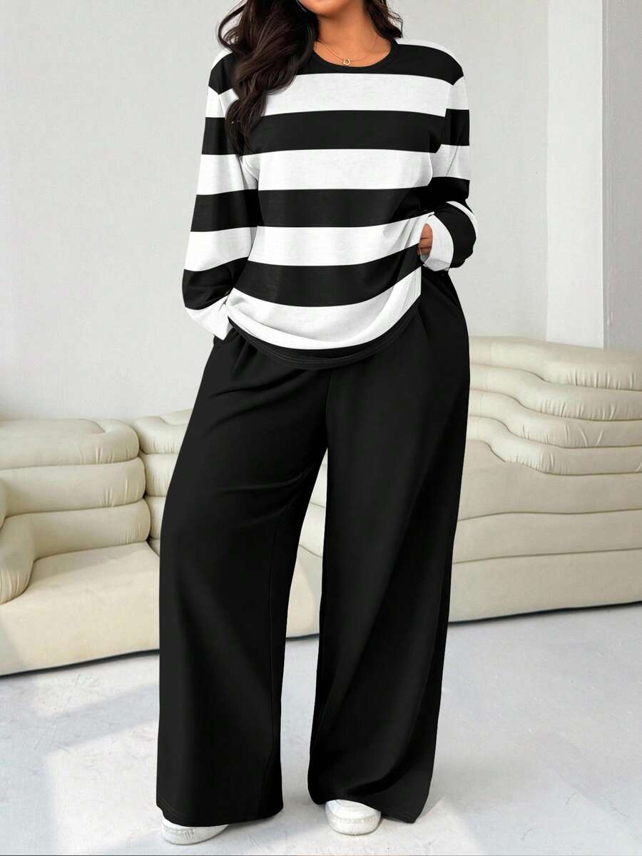 SHEIN EZwear Bộ đồ hai mảnh cổ tròn sọc đen trắng cỡ lớn dành cho nữ, áo phông dài tay và quần dài thường ngày, bộ đồ thu đông cho nữ, bộ đồ mặc nhà thoải mái, bộ đồ hai mảnh dài tay - Đen và trắng - Xem 1