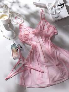 2pcs Women Floral Embroidery Mesh Bow Decor Camisole Sexy Nightgown Set