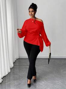Maweii Plus Size Solid Color Elegant Ruched Rose Shoulder Casual Blouse - Red - View 5