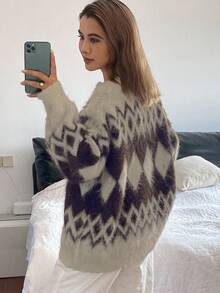 Livesso Áo khoác cardigan dệt kim dày họa tiết hình học đơn giản cho nữ, phù hợp mặc công sở mùa thu đông - Màu Khaki - Xem 3