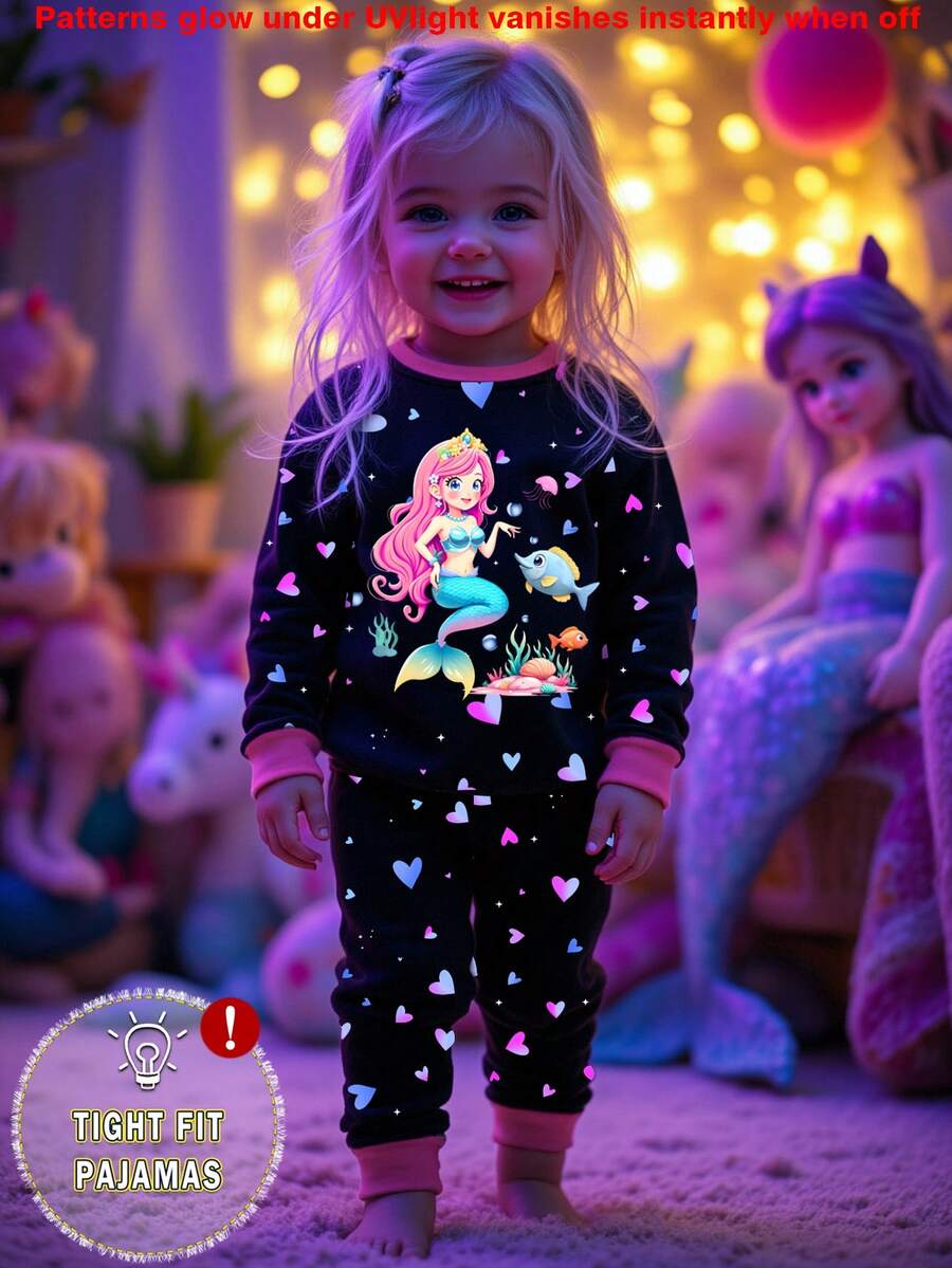 一套女婴夜光美人鱼爱心印花针织圆领上衣和紧身爱心印花裤子睡衣套装 - 黑色 - 查看 1