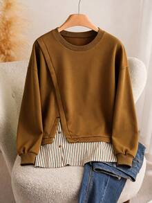 Franclia Sudadera holgada de talla grande con parches a rayas, para primavera/otoño - Marrón - Ver 1