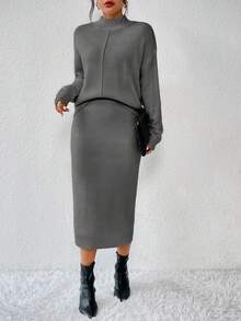 RosyDaze 女士休闲针织毛衣和裙子两件套 - 深灰色 - 查看 4
