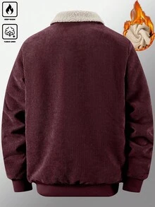 Manfinity Homme 男士秋冬多口袋抓绒外套，卡其色男友风休闲灯芯绒翻领夹克，保暖内衬青年男士时尚外套 - 酒紅色 - 查看 2