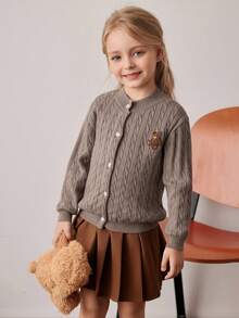 PrepCrw Young Girls' Collegiate Style Bear Embroidery Patch Front Knit Cardigan - Camel - View 8