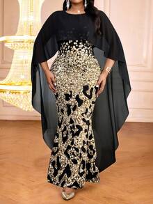 SHEIN Lady فستان نسائي فاخر مناسب للحفلات والتجمعات، مقاس كبير، مطبوع بنمط نمر، مصمم بتصميم مرقع وذيل سمكة