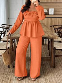 Weeklong 2pcs Plus Size Women Square Collar Ruffle Hem Floral Decor Shirt And Wide Leg Pants Set - Orange - View 6