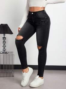 Rivivi Women's High Waist Pocket Distressed Skinny Casual Versatile Jeans - Black - View 3