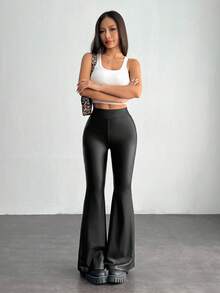 SHEIN PETITE Women's PU Leather High Elastic Flared Leggings - Black - View 7