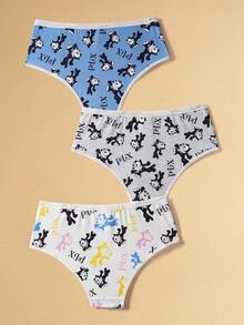 Felix The Cat X SHEIN 3pcs Women's Cute Cartoon Letter Full Print Contrast Binding Comfortable Briefs - Multicolor - View 2