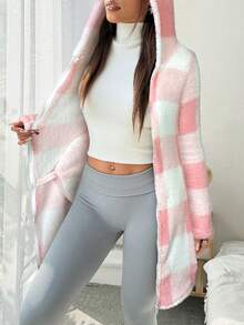 SHEIN EZwear 格子毛边拉链连帽外套，女士秋冬休闲装，秋季女装，女士冬季居家办公粉白保暖粉色外套 - 淺粉色 - 查看 6