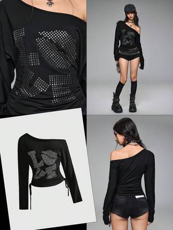 Grunge Punk Top moulant à manches chauve-souris, épaules obliques, rivets punk LOVE