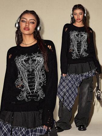 Goth Damen-Strickpullover mit Rundhalsausschnitt in dunklem Stil, Unisex-Mode