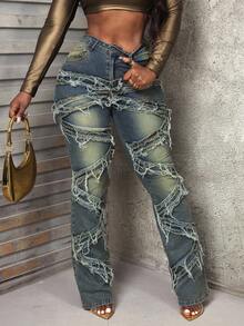 Slaydiva Winter New Women Plus Size Distressed Washed Vintage Denim Jeans - Medium Wash - View 5