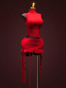 SHEIN ICON 两件套女士婚礼生日派对度假情人节黑色纯色高领无袖上衣和褶皱荷叶边半裙性感两件套 - 紅色 - 查看 3