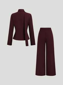 SHEIN Glamour 红色V领收腰宽松休闲套装，女士优雅时尚办公通勤百搭套装 - 酒紅色 - 查看 2