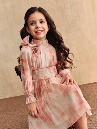 Anewsta رمضان فستان أنيق طويل الأكمام لفتيات صغيرات، بتصميم أنيق فاخر باللون الوردي الداكن، أكمام فانوس مموجة، تصميم فيونكة جميلة، خصر متدرج بكشكشة، هيم متدرج منتفخ