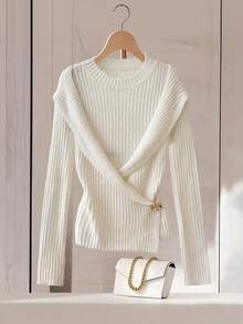 GlowEve 秋冬新款金属扣不对称圆领长袖斗篷休闲舒适时尚优雅百搭女士毛衣 - 杏色 - 查看 4