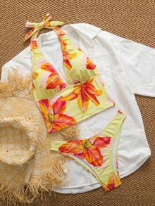 Swim Mod Women's Tropical Print Two Pieces Bikini Set, Casual Holiday Style,Summer Holiday Outfits, Flower Bikini ,Valentine's Day - Multicolor - View 2
