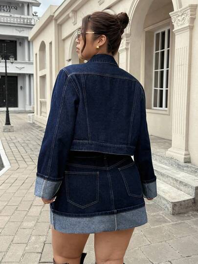SHEIN ICON 大码复古卷袖深蓝色牛仔夹克