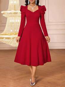 SHEIN Lady 女士纯色心形领羊腿袖优雅中长连衣裙 - 紅色 - 查看 4