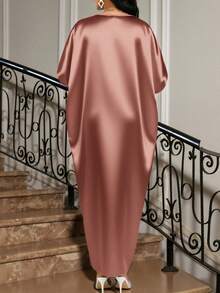 SHEIN Lady 四季皆宜的节日礼服/婚礼宾客/礼服/舞会礼服/金色/晚宴礼服/金色女士缎面提花前开衩连衣裙，休闲派对优雅 - 藕粉色 - 查看 2