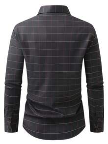 Manfinity Mode 男士加大码格子长袖单排扣休闲/商务衬衫 - 黑色 - 查看 2