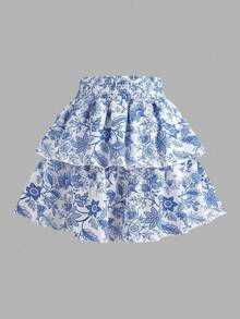 Sparklyn 2pcs Teenage Summer Vacation Set - White Pleated Camisole Top & Blue Printed Mini Skirt