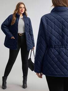 Comfylo Áo khoác mùa đông thường ngày cỡ lớn màu trơn tay dài có khóa kéo phía trước, dây rút ở eo dành cho nữ - Màu xanh hải quân - Xem 4