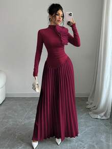 Elenzga Asymmetrical Pleated Colorblock 3D Flower Decor Elegant Women Dress Maxi Women Outfit - Burgundy - View 5