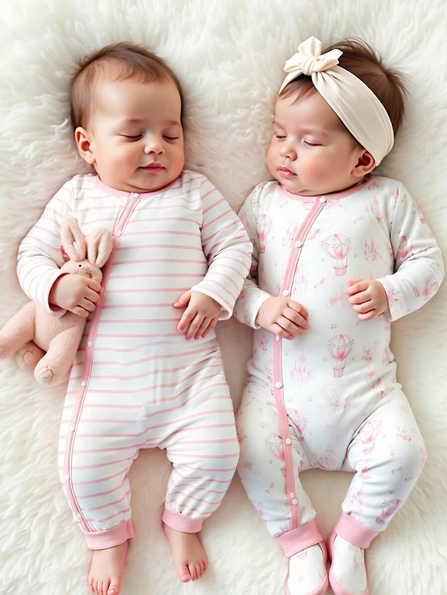 SHEIN 2pcs/Set Baby Girls' Romper Outfits, Stripe Pattern Minimalist & Hot Air Balloon Print Adorable, Suitable For Home & Outings, Soft & Comfortable Fabric, Snap Front Closure Long Sleeve Design, Cuff Trim Casual Cute, Spring/Autumn