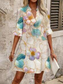 SHEIN Clasi Váy mini dáng rộng cổ chữ V in hoa tay bèo nhún cho nữ, phong cách nghỉ dưỡng - Nhiều màu - Xem 3