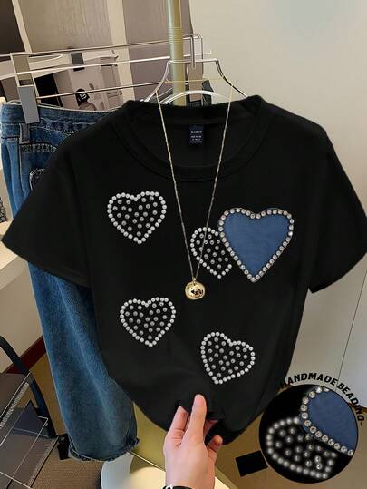 Resyla Women's Casual Round Neck Short Sleeve T-Shirt With Heart Studded Decoration